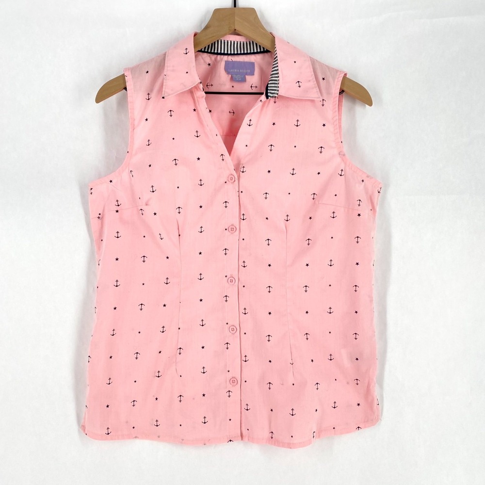 Laura‎ Scott Shirt Womens Medium Pink Sleeveless Anchor Star Print Button Up